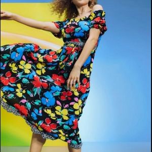 Rixo for Target red black yellow blue floral off shoulder maxi dress 10